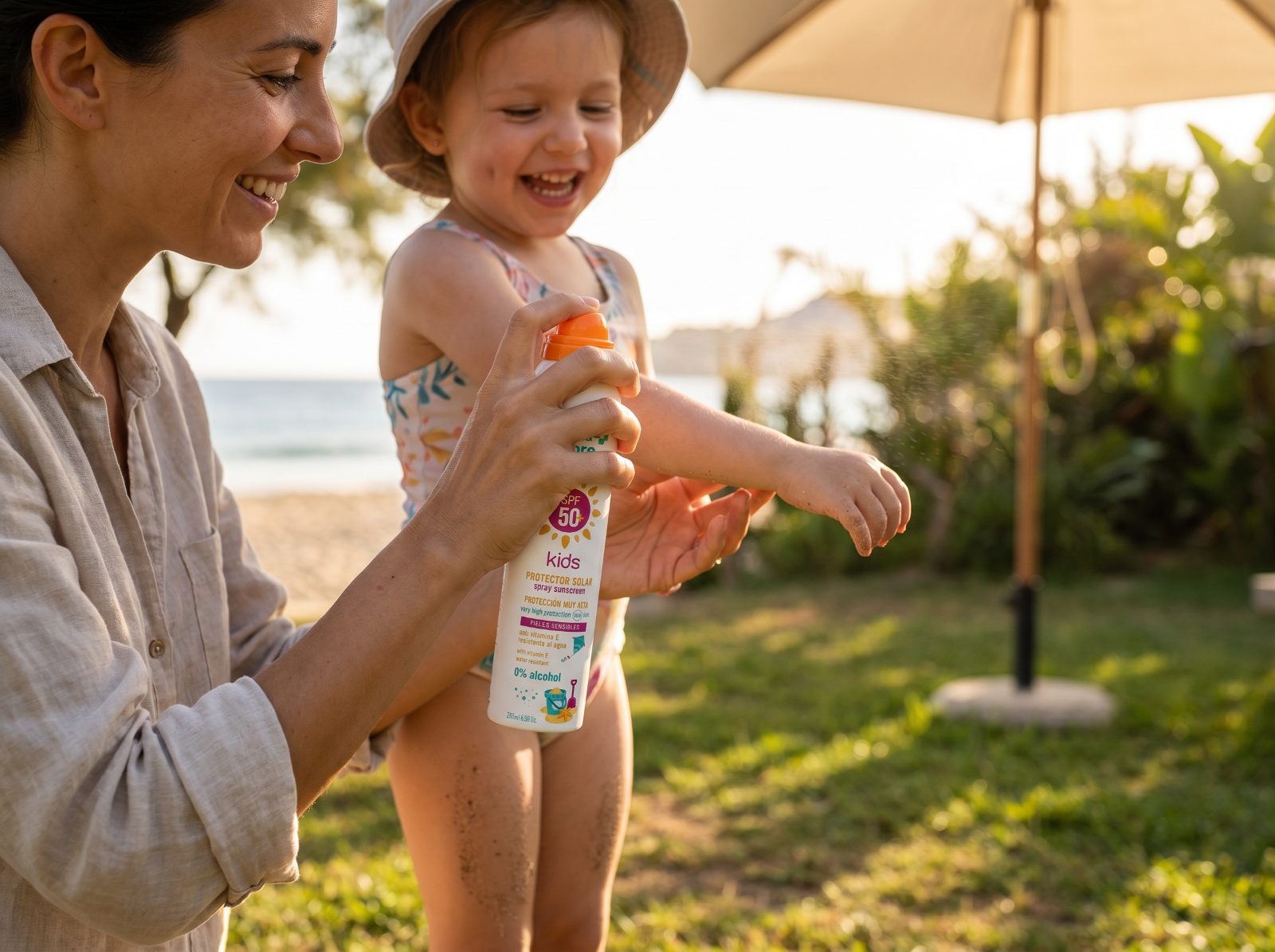 Aplicando protector solar Care & More para niños